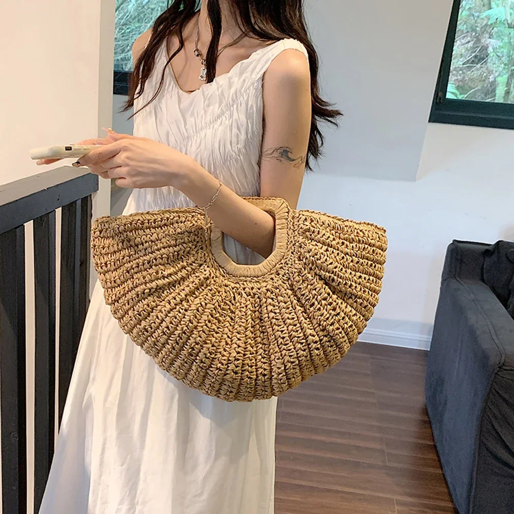 Summer Woven Beach Bags for Women Ladies Straw Bag Raffia Crochet Clutch Bag Boho Rattan Moon shaped Top Handle Handbags Tote