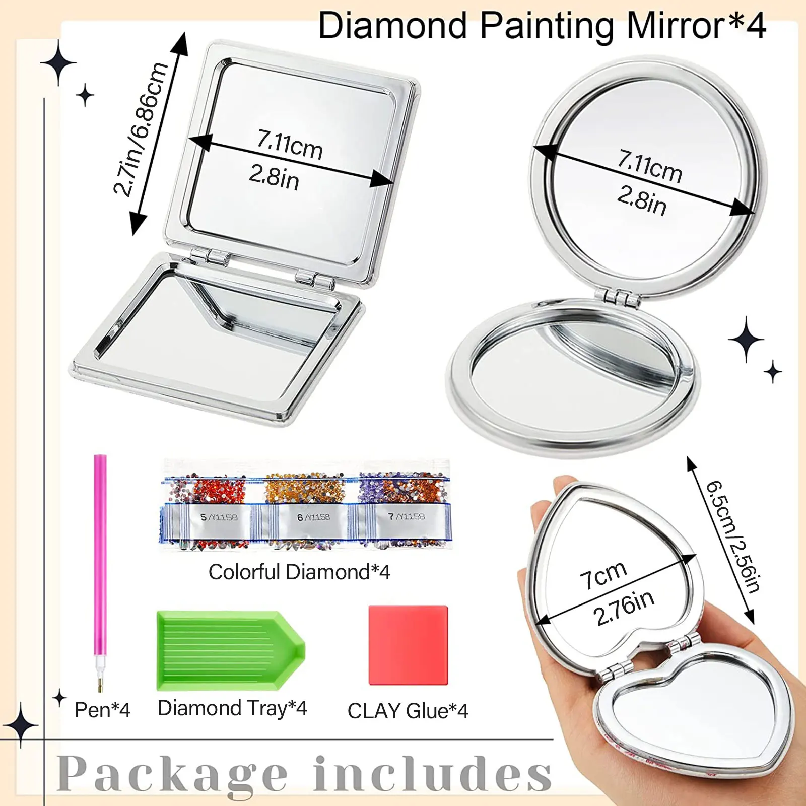 4Pcs Diamond Painting Pocket Mirror Set DIY Compact Mirror with Diamond Painting Cover Portable Folding Mirror Diamond Painting