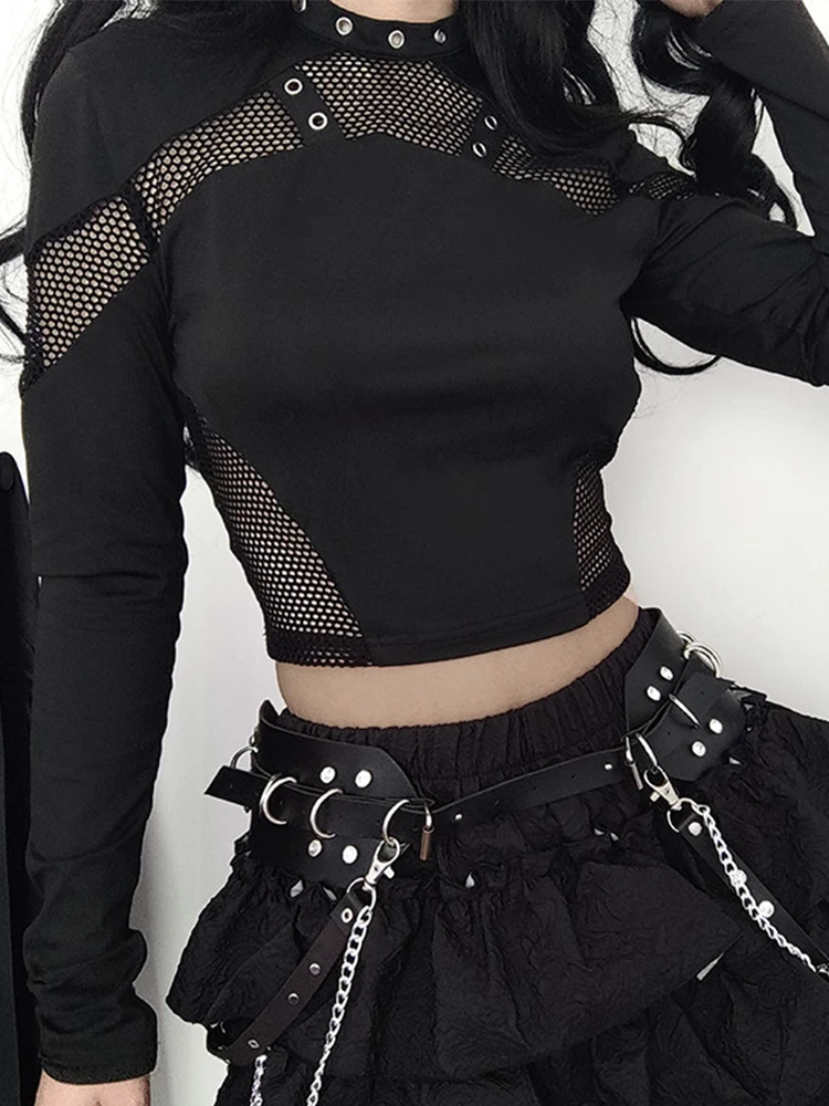 AltGoth Dark Punk Cyber T-shirt Women Gothic Streetwear Mesh Patchwork Long Sleeve O-neck Crop Tee Tops Harajuku Sexy Clothes