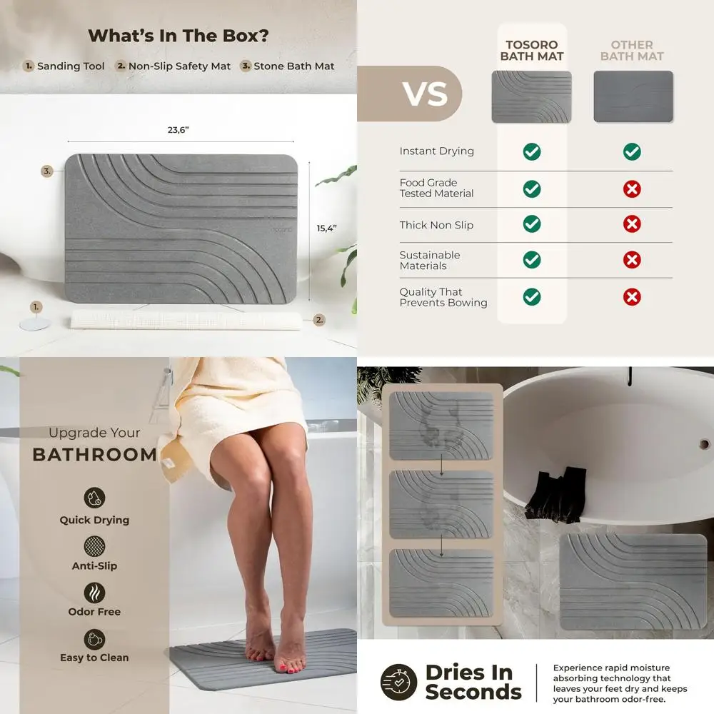 

Quick-Drying Non-Slip Diatomaceous Earth Shower Mat, Modern Stone Bath Mat, 23.5x15, Graphite