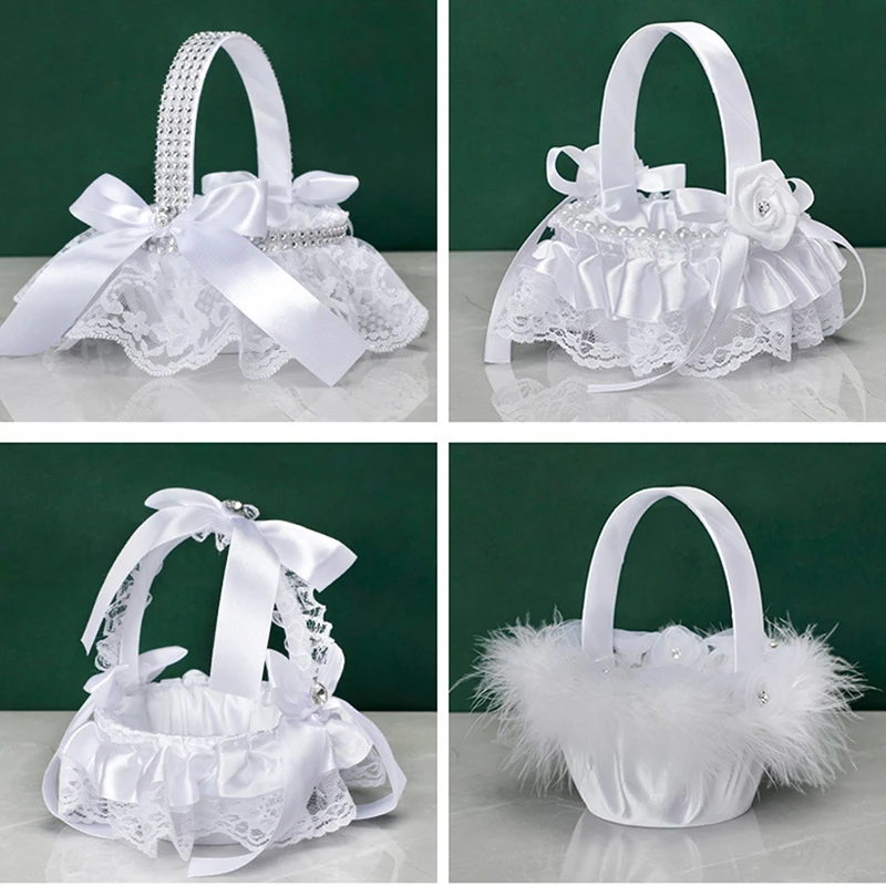 Wedding Flower Basket Bridesmaid Lace White Flower Girl Basket Vintage Rustic Wedding Ceremony Bridal Shower Table Decor image 2