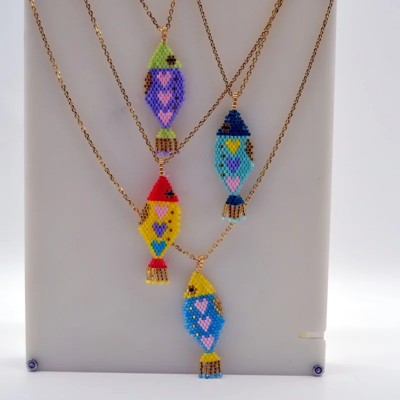 ZGMXR Bohemia Hand-woven Beaded Necklace with Colorful Tassel Adjustable Fashion Pattern Featuring Fish Heart & Rice Beads