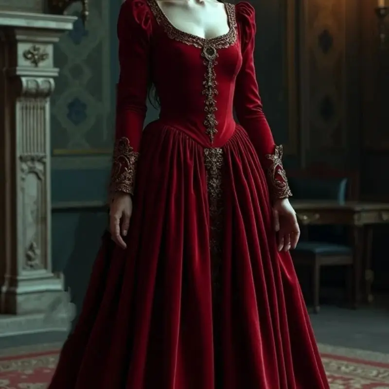 Vintage Barock Abendkleider U-Ausschnitt Lange Ärmel Satin Renaissance Abschlussball Anlass Kleid Maskerade Kostüm Maßgeschneidert