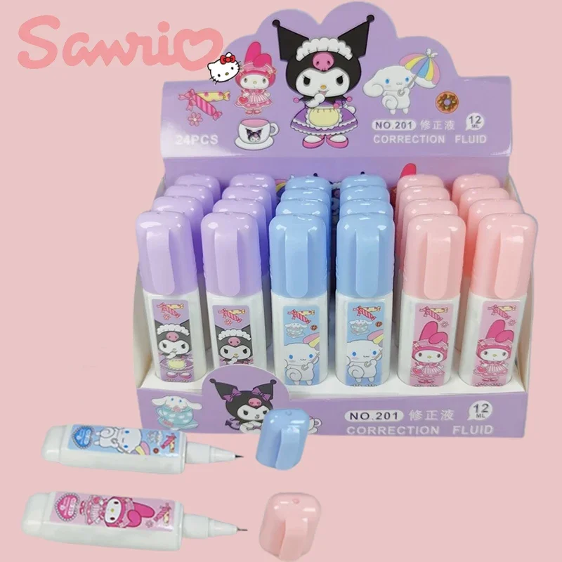 Sanrio ของเหลวแก้ไข12/24ชิ้นปากกาเมโลดี้ของฉัน Kuromi Cinnamoroll นักเรียนแก้ไขสีขาวเทปอุปกรณ์เครื่องเขียนโรงเรียน