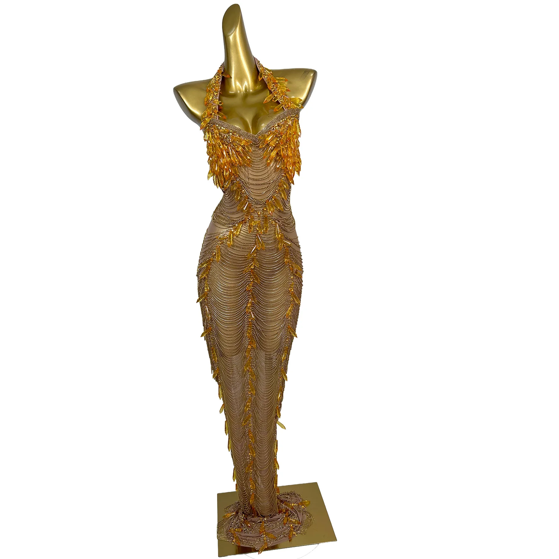 Vestido Largo de Noche Ailisi para Mujer, Diseño de Sirena, con Cuello Halter, Adornado con Cristales y Borlas Doradas, sin Mangas, para Fiestas y Eventos