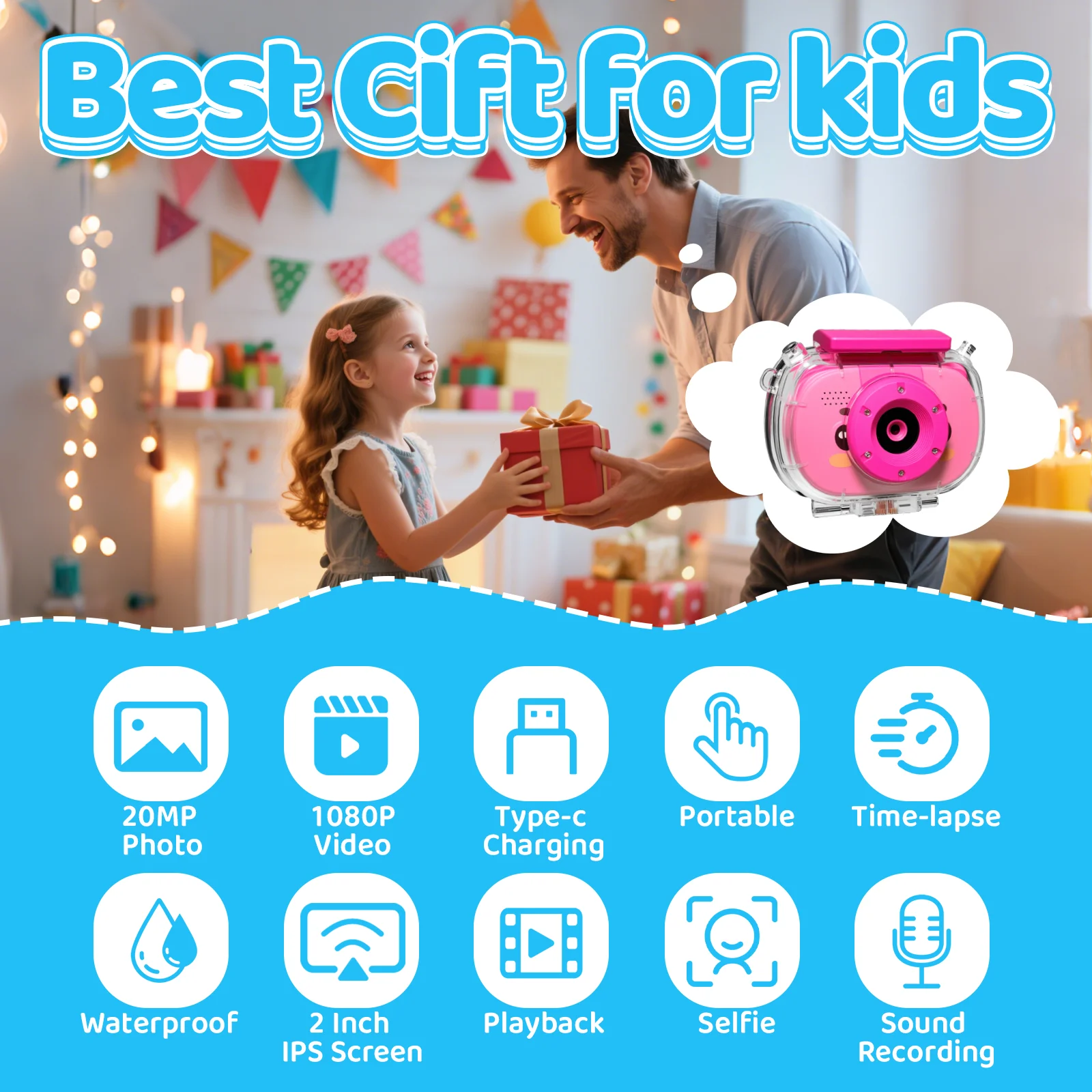 Kids Waterproof Camera 20MP Waterproof Underwater Digital Camera 1080P 10X Digital Zoom Screens Waterproof Digital Camera