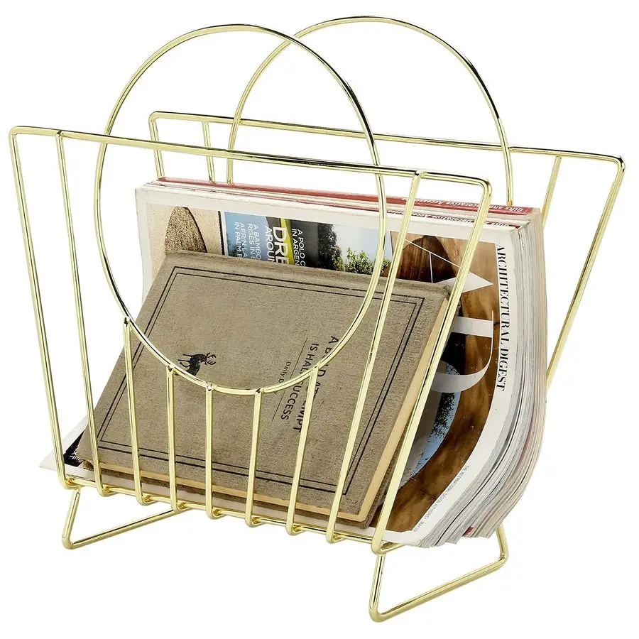 

MidCentury Brass Plated Metal Free Standing Magazine Holder Document File Rack with Decorative Bag Shaped Design