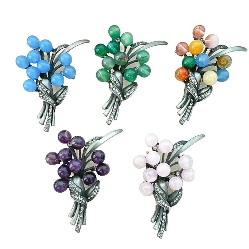 

Natural Purple/Green/Pink/Color/Blue Stone Flower Brooch Scarf Clip Vintage Jewelry Chest Flower Autumn/Winter Coat Coat Pin