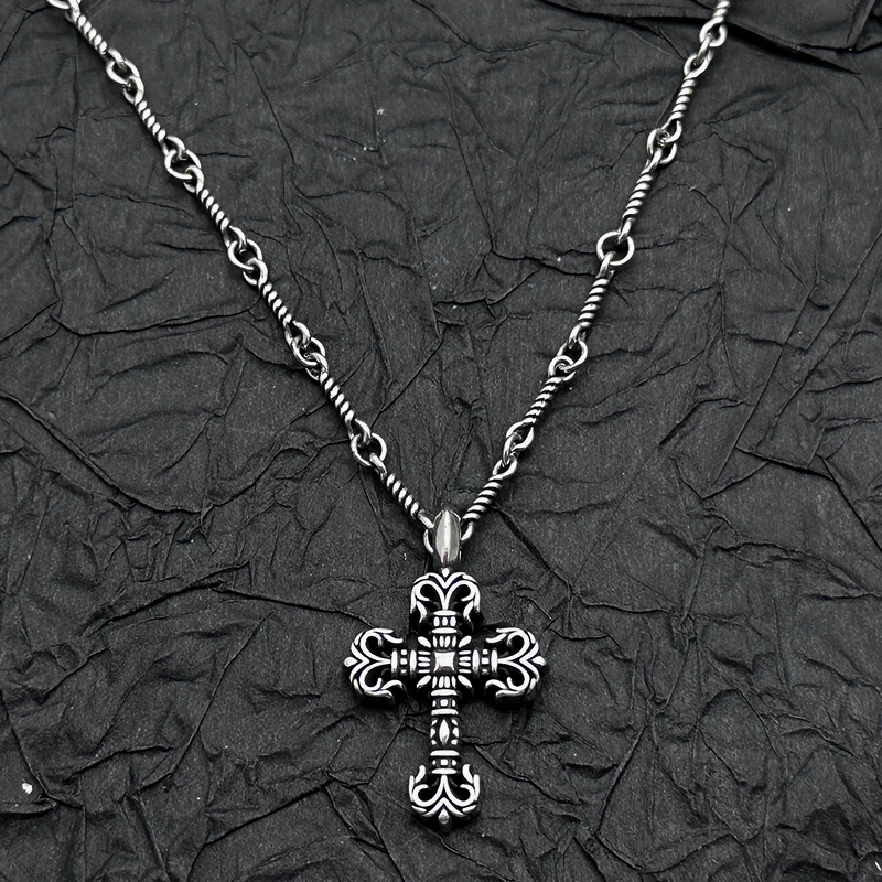 

Ожерелье из стерлингового серебра 925 пробы, ретро и старое мини-колье с подвеской в виде креста с пламенным крестом, европейские и американские мужчины и женщины