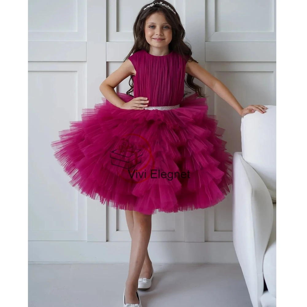 Burgundy Tiered Sleeveless Fashion Flower Girl Dresses New Pleat Wedding Party Gowns with Belt فساتين اطفال للعيد Zipper Back