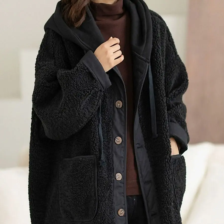 

Fake two-piece lamb wool coat for women's 2025 winter new gentle hooded contrasting colors loose warm thickened cotton clothes