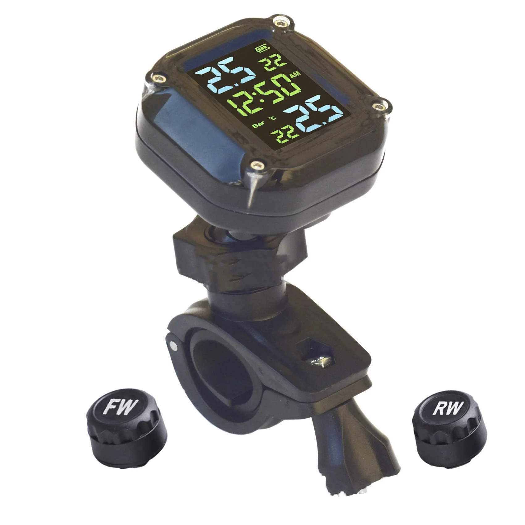 

Motorcycle TPMS LCD Display Wireless Tyre Temperature Motor Tire Pressure Monitoring Alarm System with External Sensors