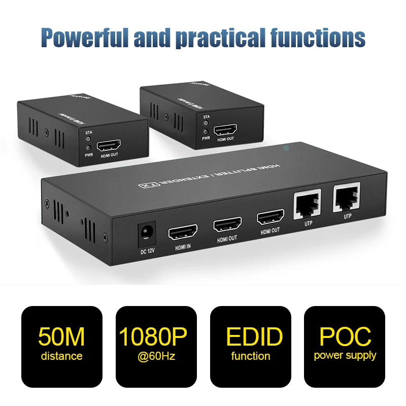 50M Powerful HDMI 1x2 Extender Splitter Transmit 1080P 60Hz Visuals 165ft via CAT5e/6/7 Loop Out 3D Signal for Extended Viewing
