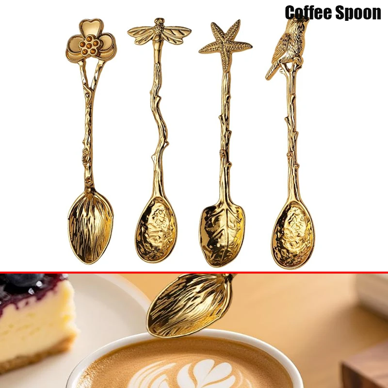 Cuchara de café de Metal Retro, ramas de libélula, forma de hojas, helado, pastel, postre, leche, cuchara mezcladora, utensilios de cocina, vajilla, 1 ud.