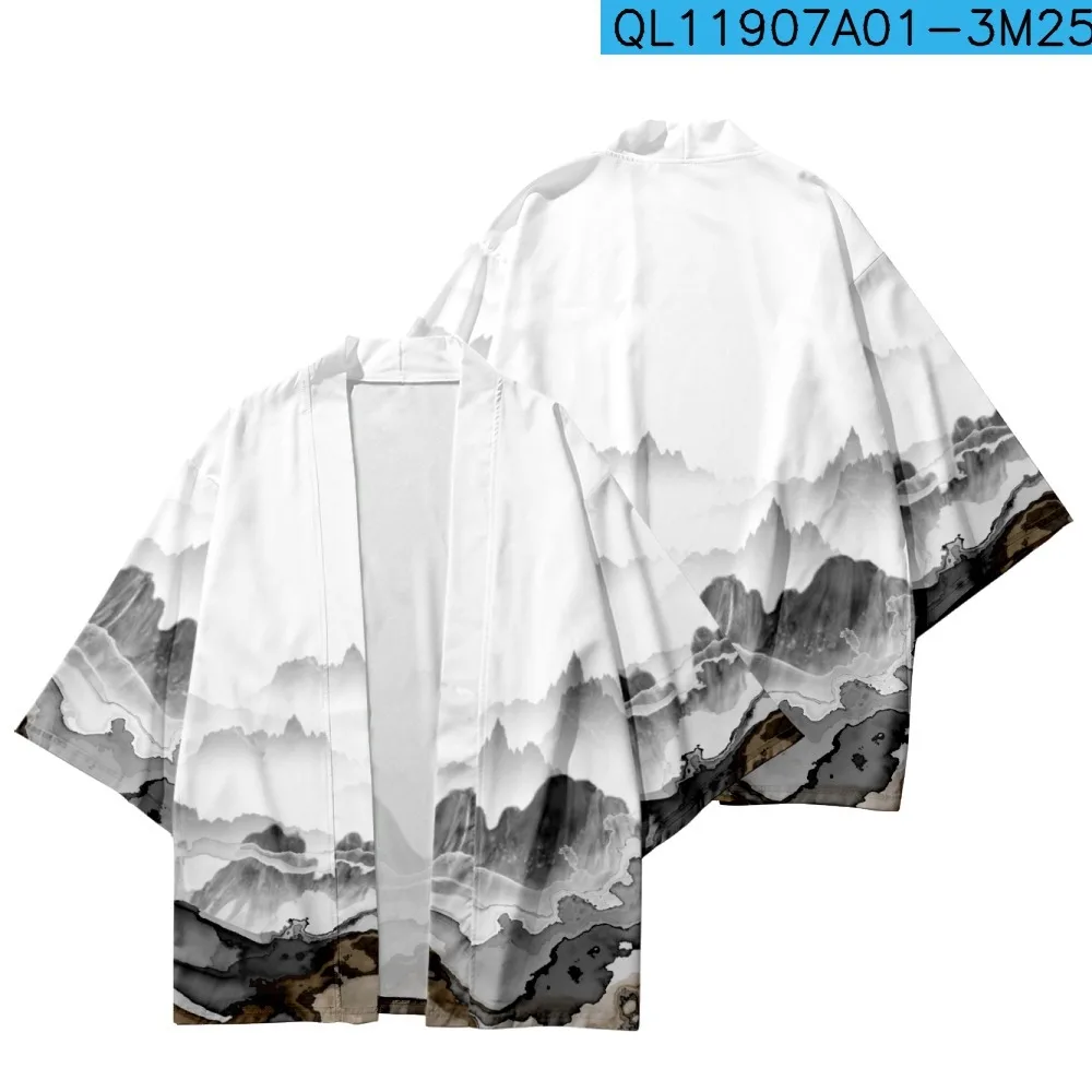 

Landscape Painting Loose Japanese White Kimono Streetwear Cardigan Robe Summer Women Men Haori Top Yukata