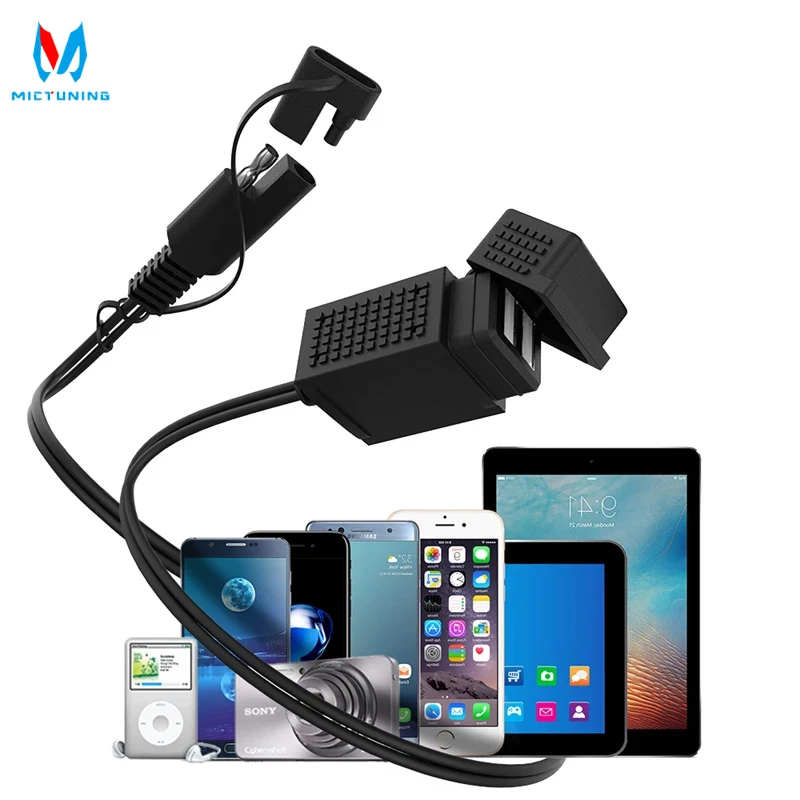 MICTUNING Dual USB Charger Adapter With 3.1A Dual Port Power Socket SAE to USB Cable Adapter For Motorcycles Tablet Mobile Phone