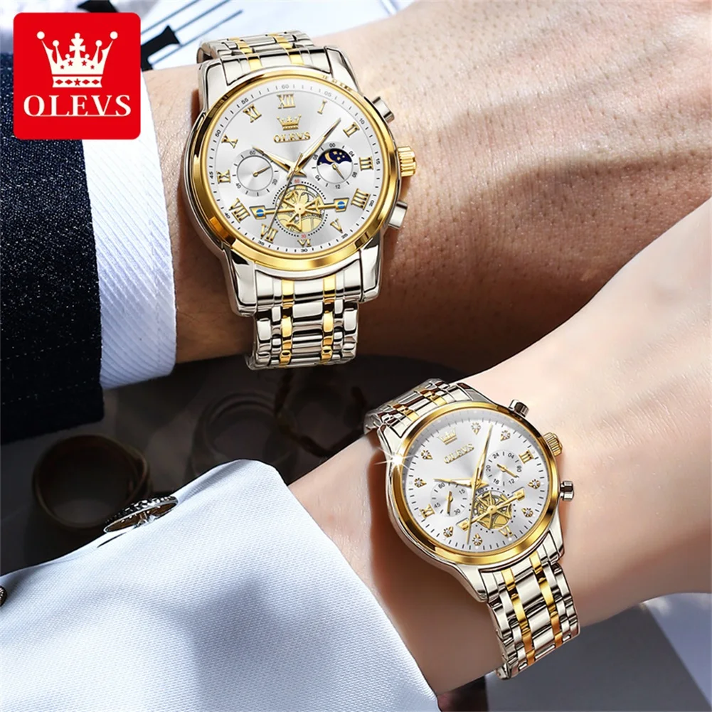 OLEVS Top Brand Couple Watches Stainless Steel Waterpoof Chronograph Moon Phase Flywheel Design Lover's Wristwatch for Men Women