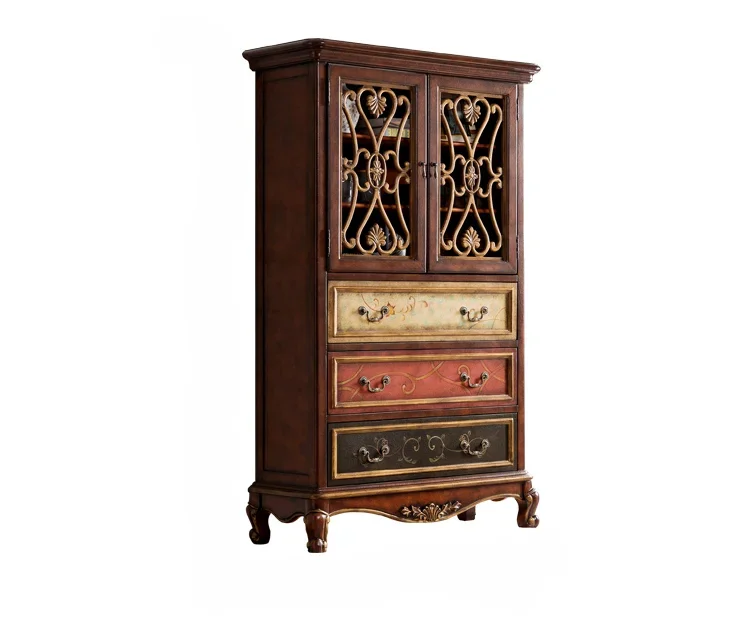 

American Hand Drawn Solid Wood Chest of Drawers Carved Storage Side Cabinet European Style Retro Living Room Storage Cabinet