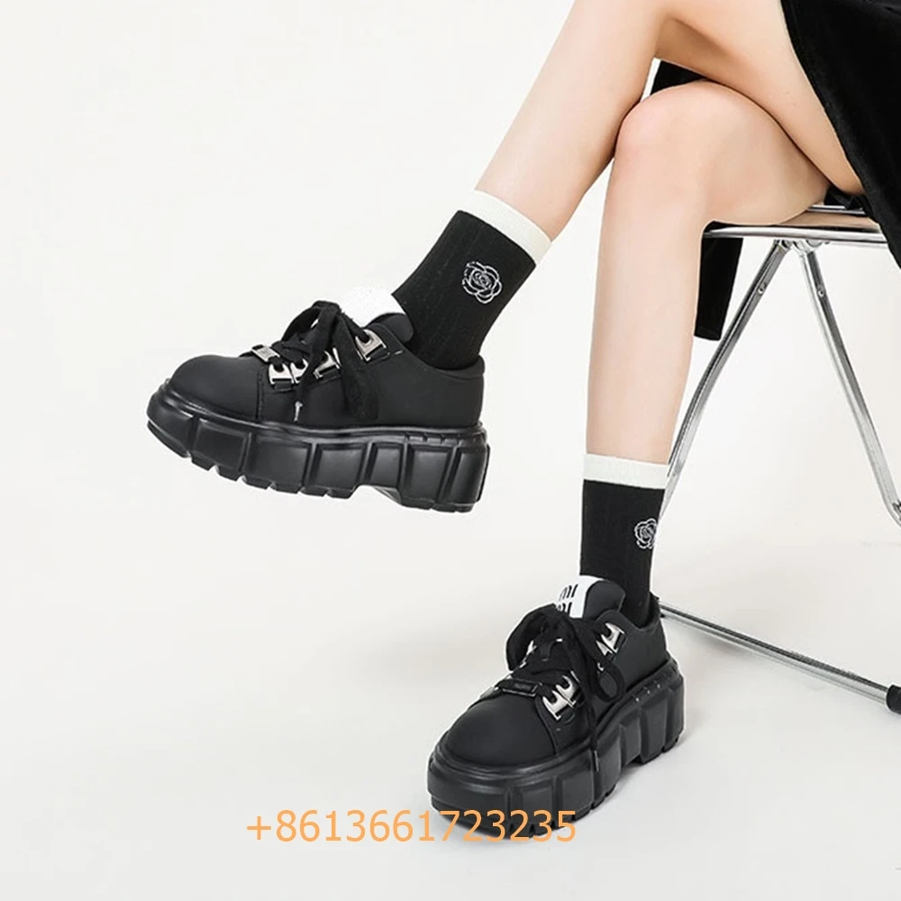 

Round Toe Platform Real Leather Clunky Sneaker Lace Up Black/white Women Fashion Shoes 2024 Newest Spring Casual Sport Shoes