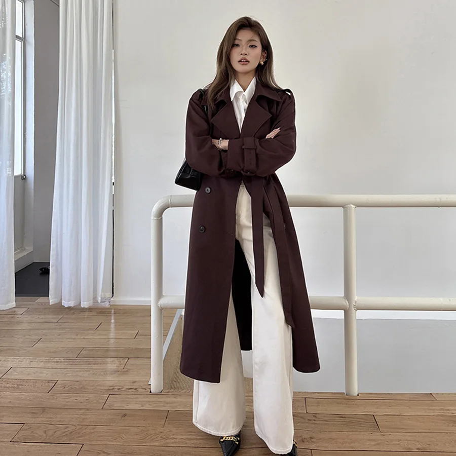 

Autumn Winter Korean Style Double Breasted Belted Midi Length British Style Elegant Coat Polyester Viscose Long Sleeve Pure C...