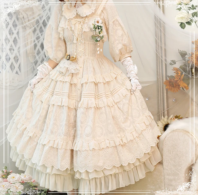 Full Embroidered Lolita Dress Original Female Girls Spring Summer Lace Cotton Embroidery Half Sleeve Blouse Long Sling Dresses