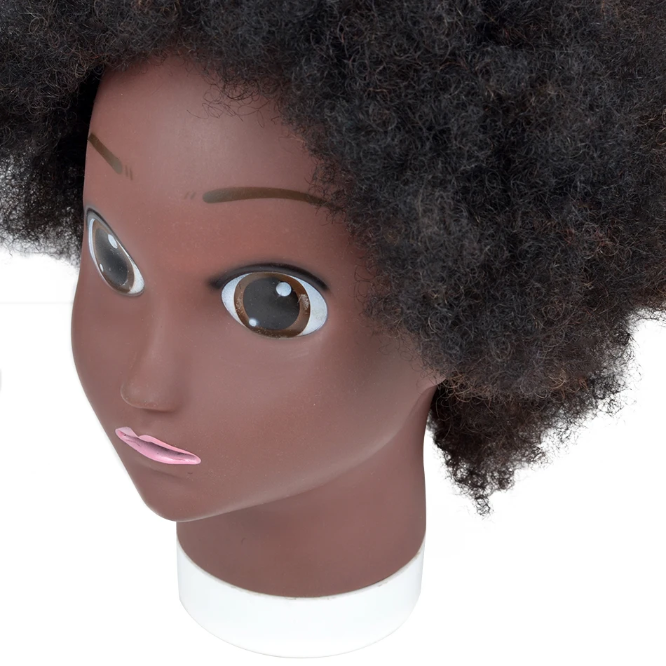 Африканская голова манекена со 100% человеческими волосами, вьющиеся волосы, красивая голова манекена с подставкой для практики плетения волос