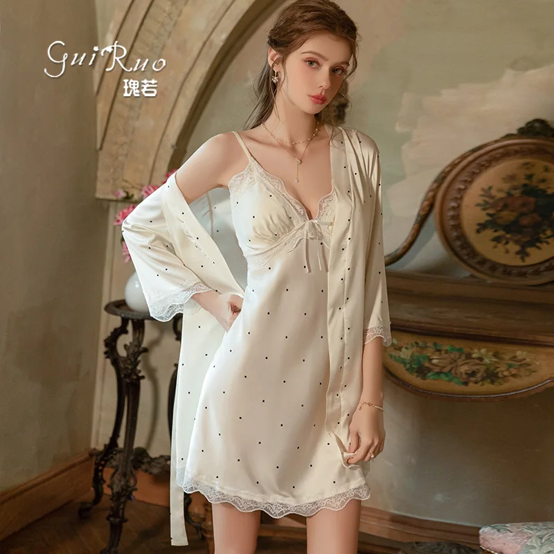 Sweet Polka Dot Print Lace Splicing Plus Chest Pad Satin Suspender Nightdress Robe Home Set Smooth and Soft Quick Drying Lounge