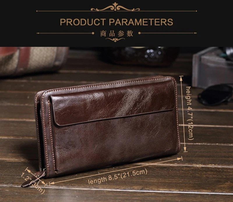 High Class Fashion Genuine Leather Men Wallet Clutch Purse Leather Zipper Money Holder Male Money Bag Clutch with Wrist Belt