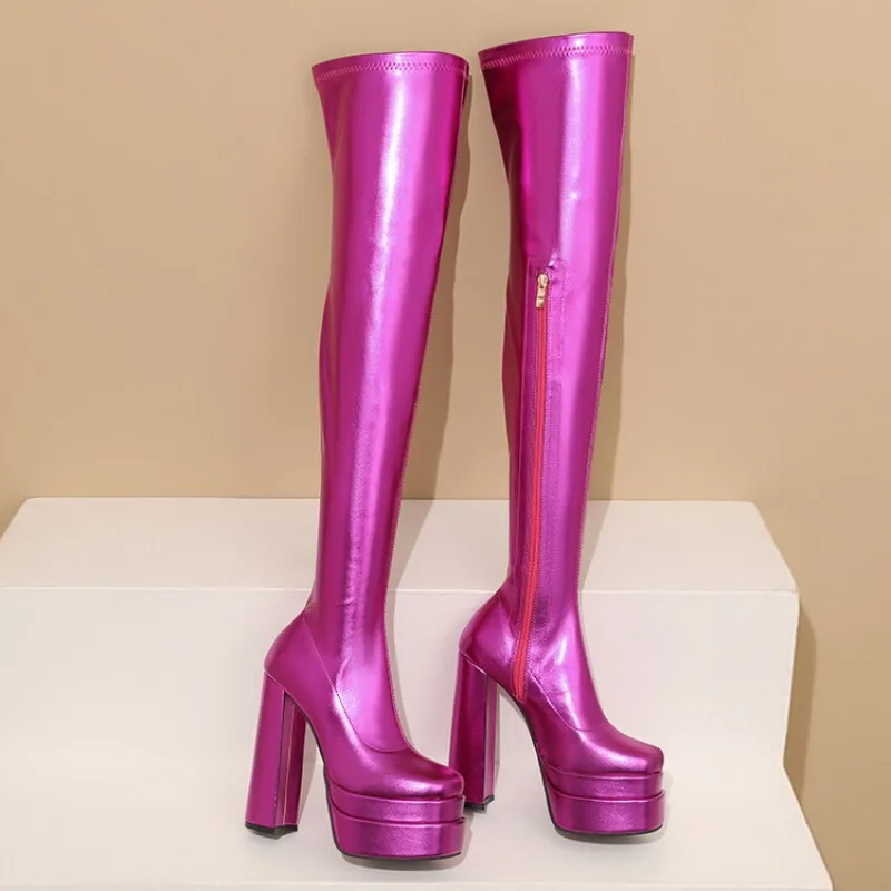 2024 Women\'s New Fashion Trend Thick High Heel Thick Sole Over Knee Side Zipper Long Boots European and American Banquet Boots