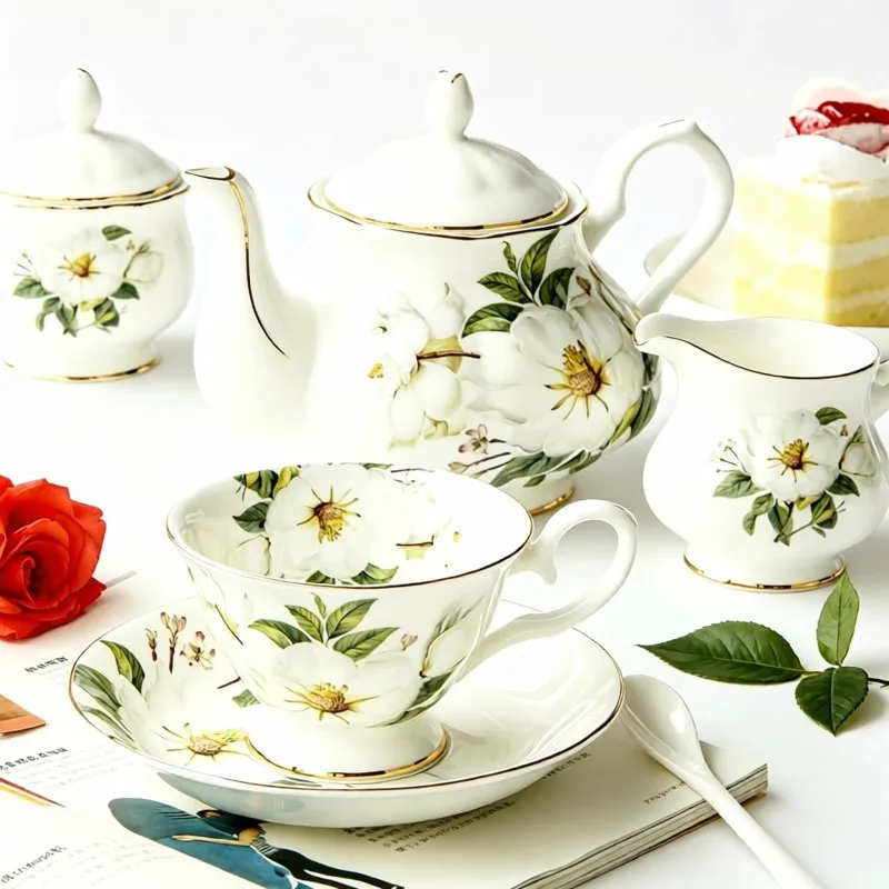 21pcs set, real bone china thermos coffee cup set with pot & sugar bowl & cream boat, nespresso cups as household gift, floral
