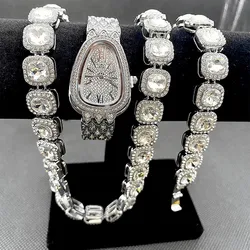 Conjunto de Relógio Gelado para Mulheres, Relógio de Ouro, Cobra, Sliver Link Chains, Pulseira, Colar, Gargantilha, Jóias Bling