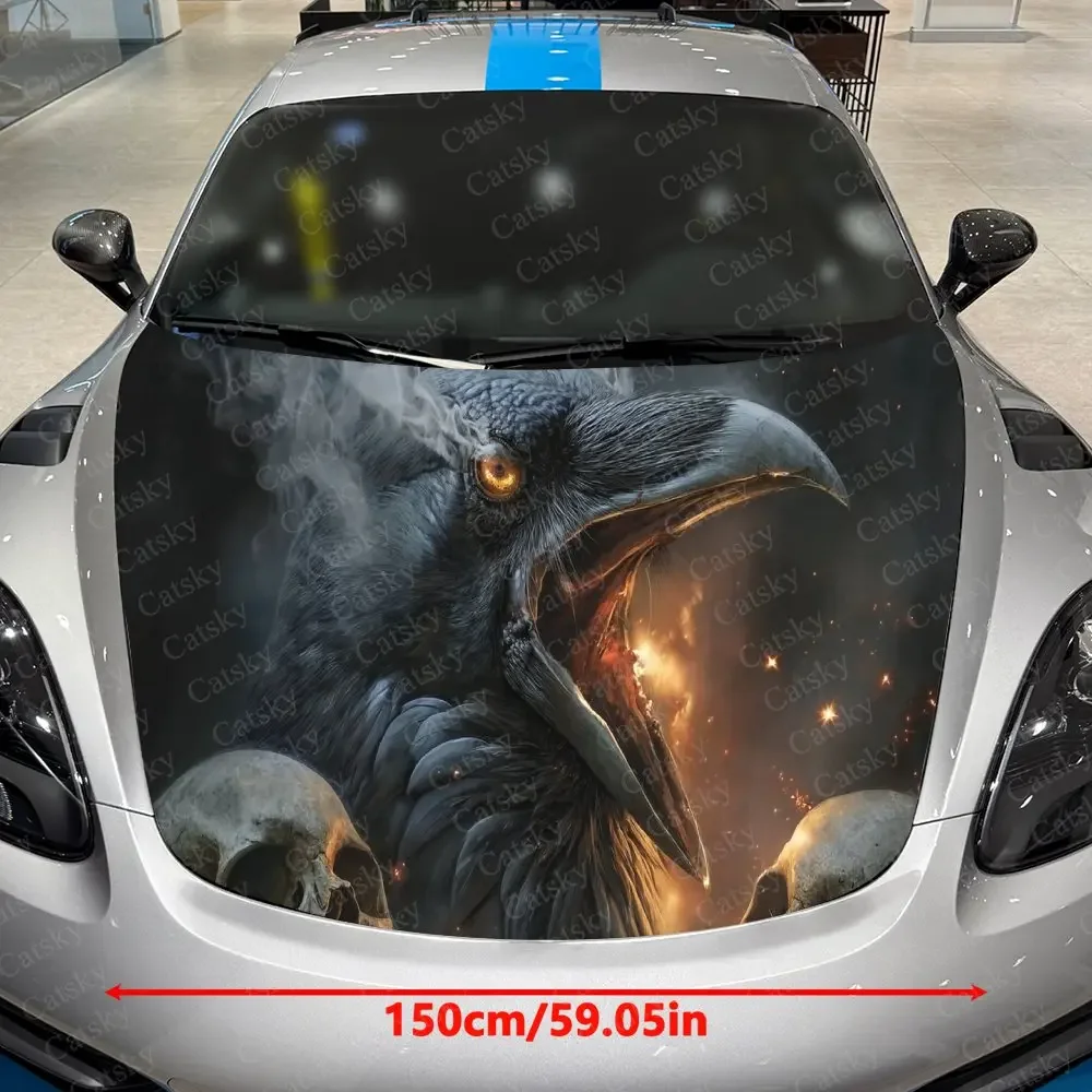 Black Raven in Flame Mist Car Vinyl Wrap, PVC Material Waterproof Car Hood Sticker, Self-Adhesive Scratch-Resistant Stickers