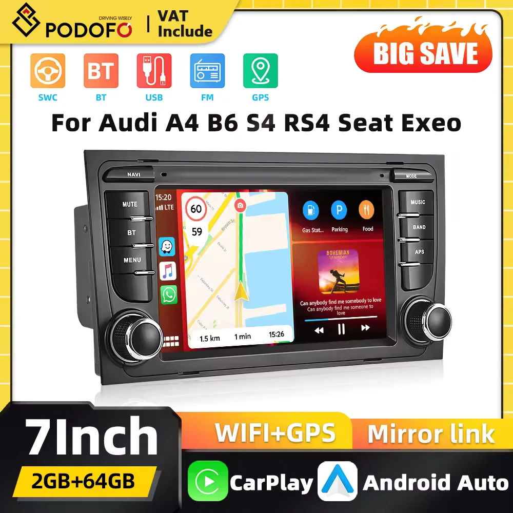 Podofo 7 Zoll Android Carplay Autoradio Stereoanlage für Audi A4 B6 S4 B5 Seat Android Auto GPS-Navigation Mirror Link FM RDS