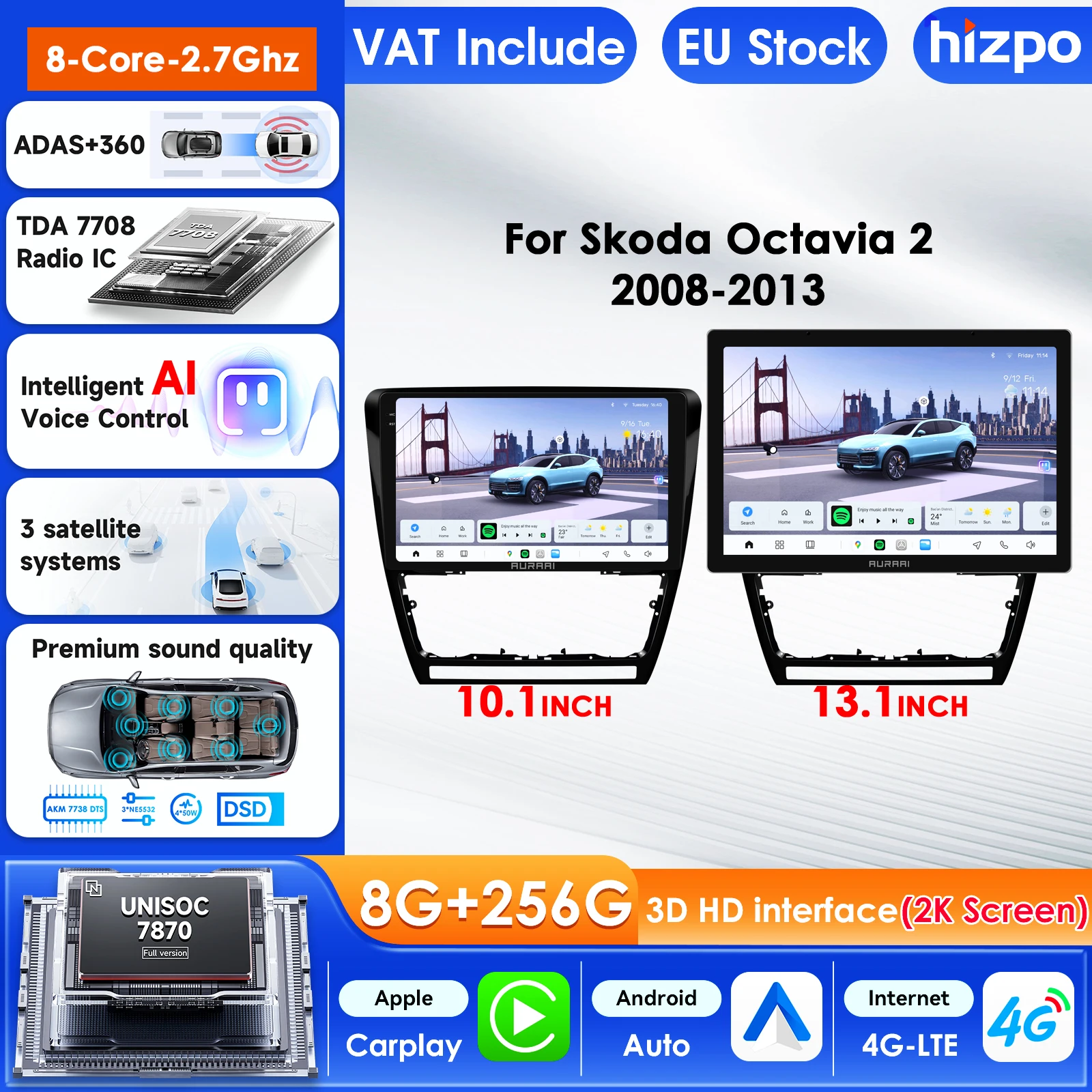 Hizpo 8+256 Go Écran intelligent multimédia stéréo pour voiture pour SKODA Octavia 2 2008-2013 CarPlay Android Auto Radio GPS RDS 4G WIFI