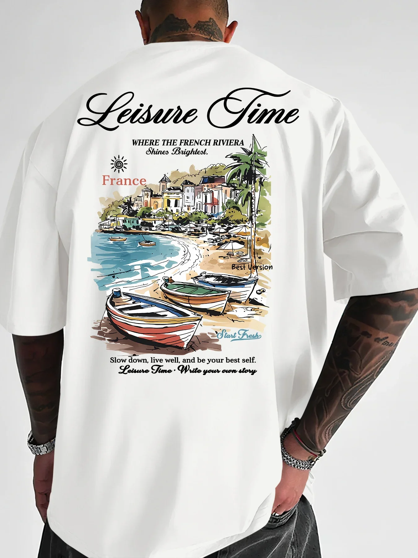 Men's Vacation-style Coastal T-shirt with a French Mediterranean Town Design Made of Breathable 100% Pure Cotton for Summer