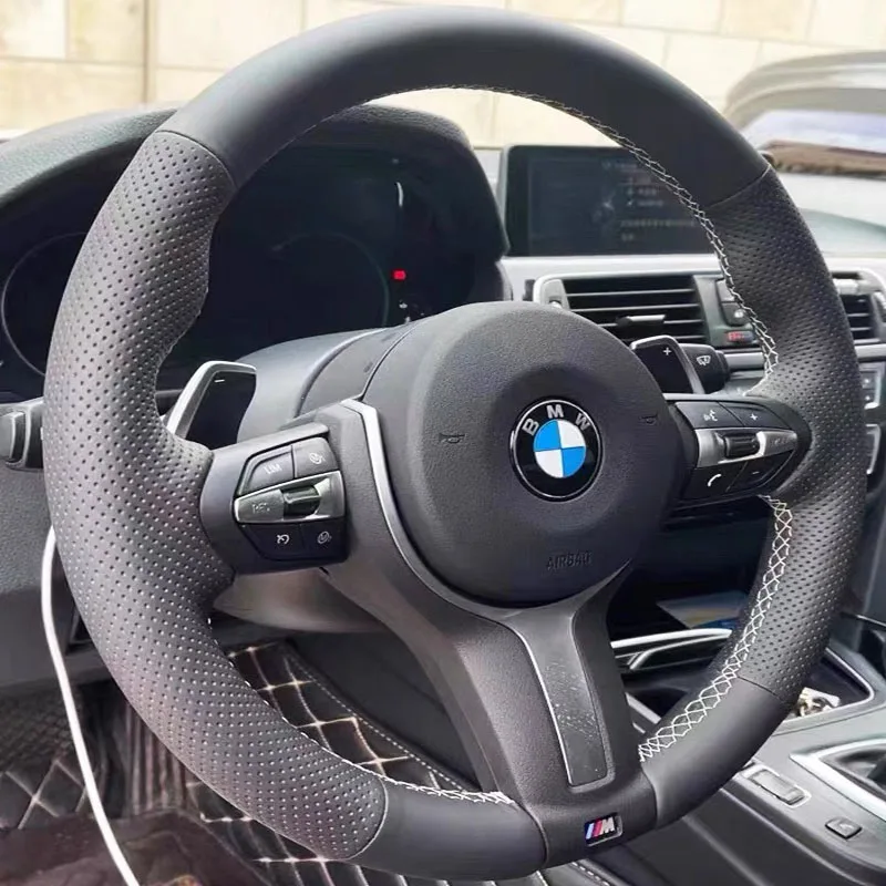 For BMW M Sport F30 F31 F34 F10 F11 F07 X1 X2 X3 F25 F32 F33 F36 F48 Hand-stitched Genuine Leather car steering wheel cover