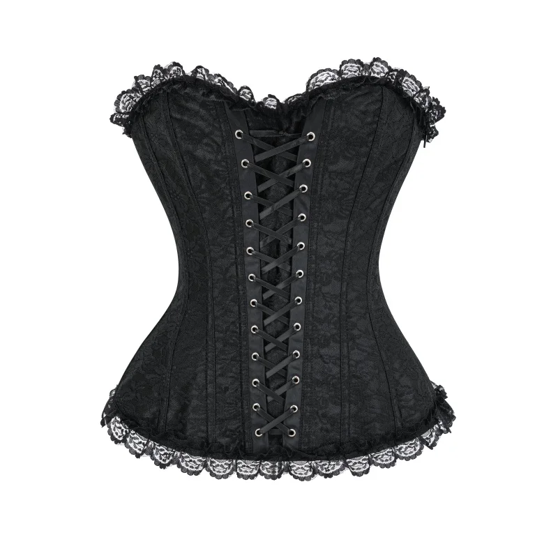 Women's Gothic Lace-Up Overbust Corset with Floral Jacquard and Lace Trim - Vintage Waist Cincher Bustier for Party, Wedding