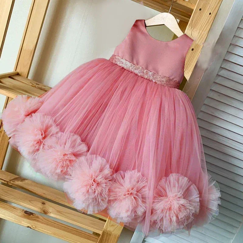 Fluffy Trailing Flower Party Dresses For Girls Wedding White Bridesmaid Birthday Princess Dress Lace Bow Girl Evening Ball Gown