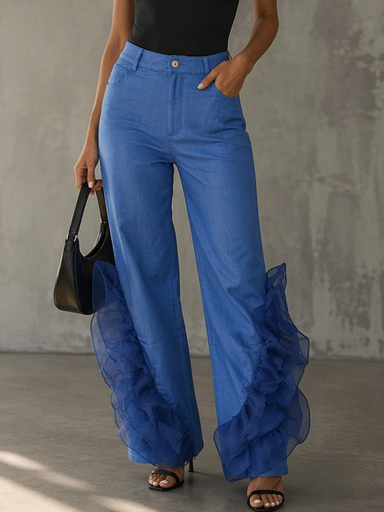 Women's Vintage Faux Denim Jeans High Waist Wide Leg Pants Organza Ruffle Flared Trousers Casual Street Fashion Party Bottoms