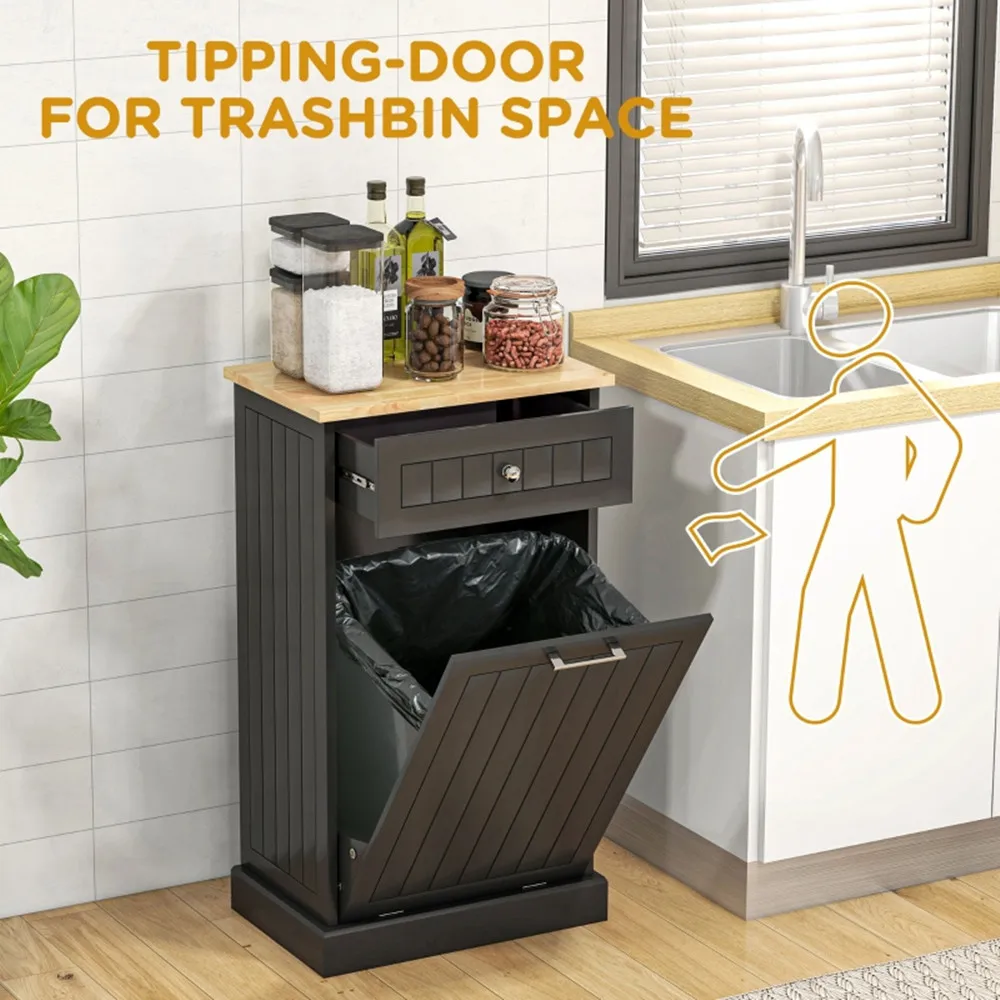 [Flash Sale]Kitchen Tilt Out Trash Bin Cabinet Free Standing Recycling Cabinet Trash Can Holder With Drawer Black[US-Stock]