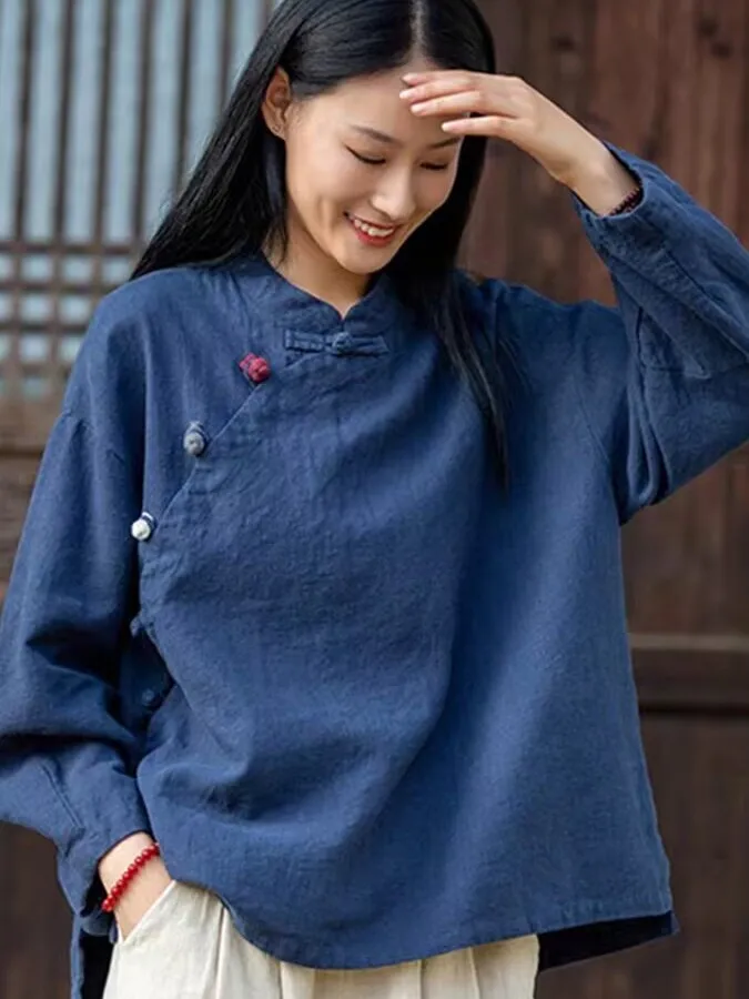 Retro Sle Loose Fit Long Sve Women's T-irt Button up Tea Costume High End Artistic Vintage Faion plus Size Top