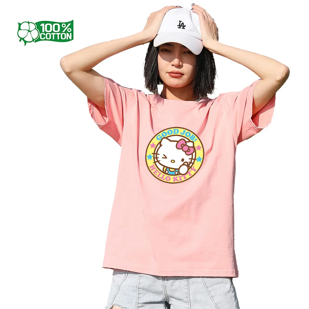 

Kawaii Sanrio Hello Kitty Повседневная футболка из 100% хлопка Трикотажный материал Футболка с графическим принтом Унисекс Подходит для верхней одежды Футболка