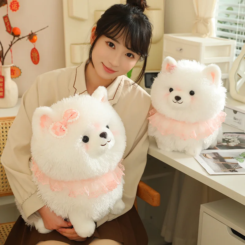 31~52cm White Female Pomeranian Dog Puppy Plush Toy Stuffed Standing Fluffy Cartoon Animal Plushie Peluche Birthday Present