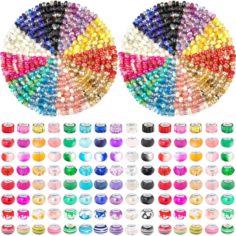 

520 Pcs Large Hole Spacer Beads with Twisted Wire Bracelet Assortment European Craft Beads Colorful Rhinestone Lampwork Beads F