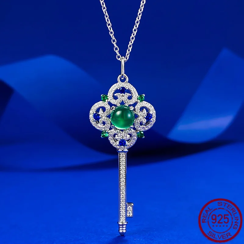 New S925 Silver Emerald 6.0mm Jade Chalcedony Key Pendant New Middle Ages Necklace Women's Wedding Jewelry