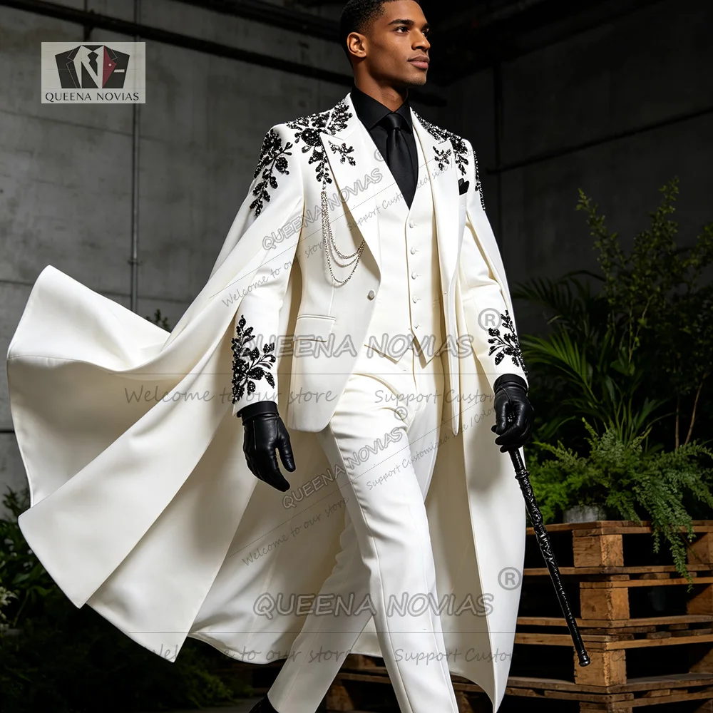 Handmade Groom Suits For Wedding 3-Piece Single Breasted Prom Tuxedo Suit Black Beading Sequins Jacket With Cape Long Customized