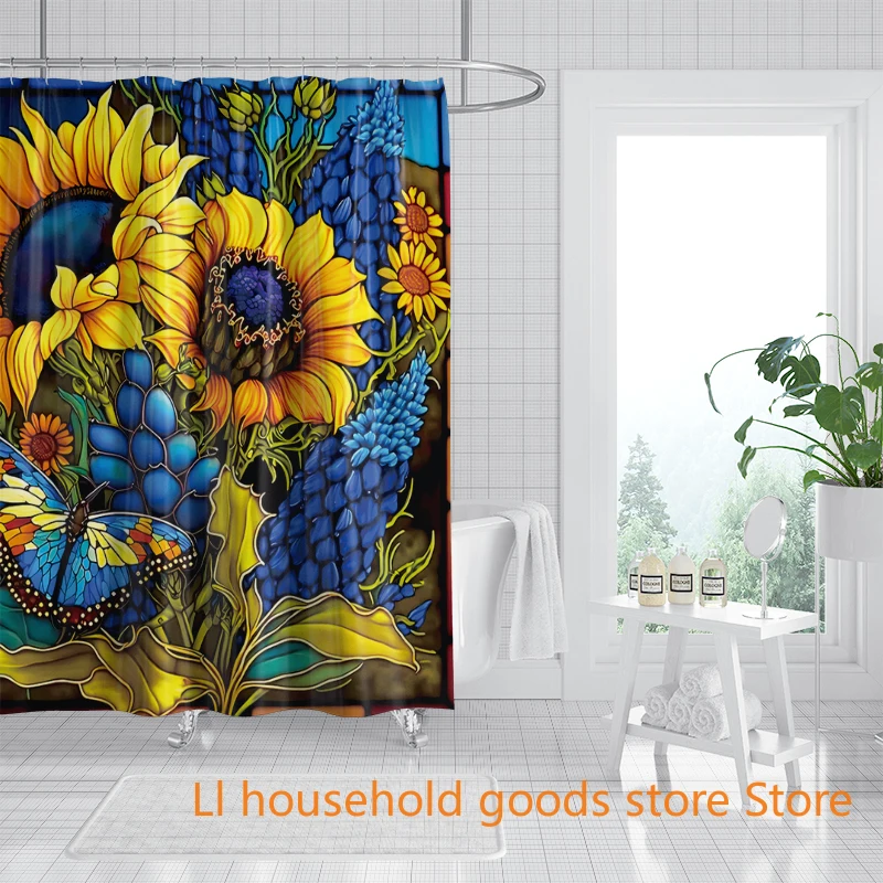 

Занавеска для душа с подсолнухом, водонепроницаемый декор для ванной комнаты, яркий цветочный дизайн с крючками для домашнего общежития