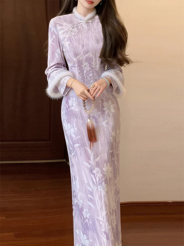 

Ele Purple Chinese Sle Long Qipao Dr Gentle Wind Waist-Cinching High Slit Daily Wear Polyester Fiber Winter New Arrival