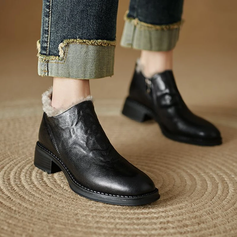 NEW Winter Women Boots Genuine Leather Shoes for Women Round Toe Chunky Heel Shoes Warm Wool Ankle Boots Casaul Zip Daily Shoes