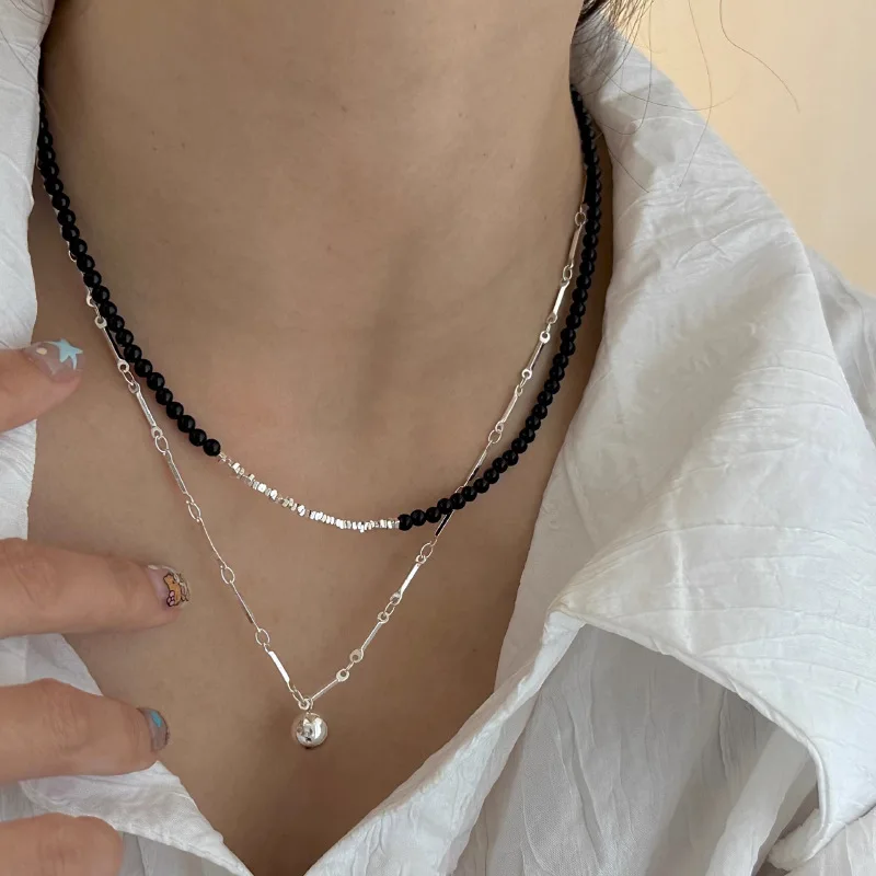 925 Sterling Silver Necklace Black Beads Square Irregular Punk Geometric for Women Girl Jewelry Gift Dropshipping Wholesale